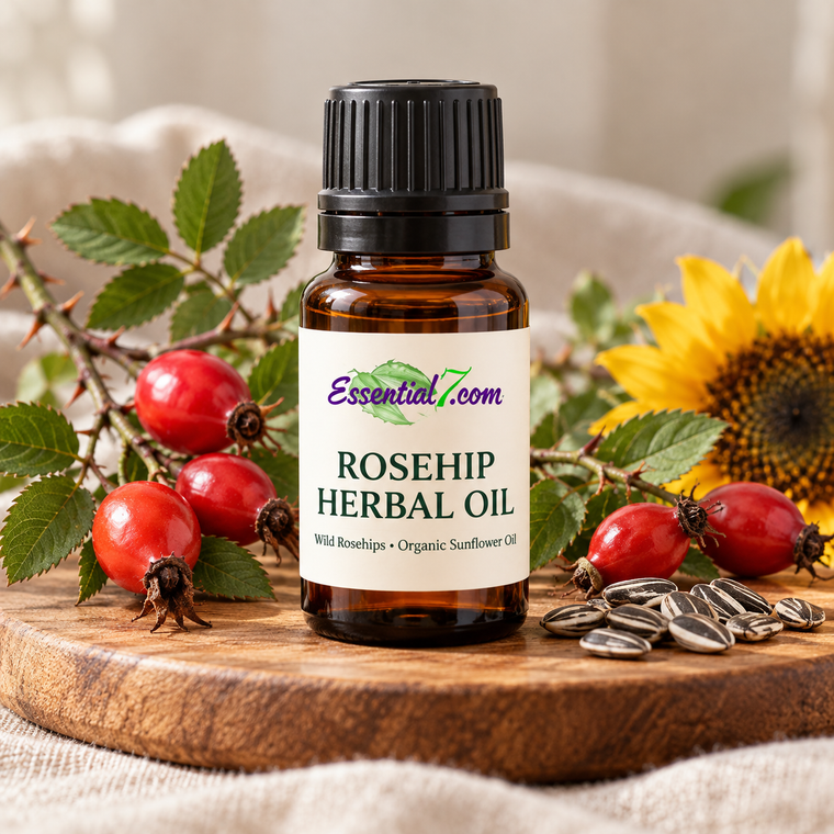 Essential7 Rosehip Herbal Oil in an amber glass bottle, surrounded by wild red rosehips and sunflowers. Handcrafted botanical infusion in organic sunflower oil.
