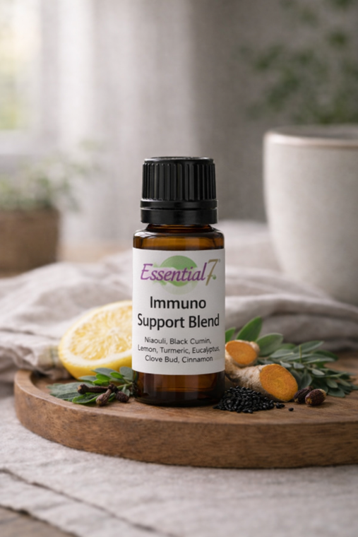 Immuno immune support essential oil blend in amber bottle with natural ingredients