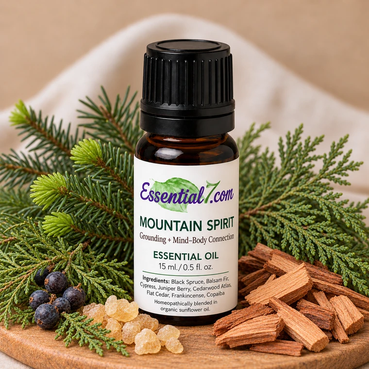 Essential7 Mountain Spirit Blend in an amber bottle with Black Spruce, Balsam Fir, Cypress, Juniper Berry, Cedarwood Atlas, Flat Cedar, Frankincense, and Copaiba.