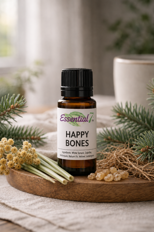 Essential7 Happy Bones essential oil blend in an amber glass bottle with the original Essential7 logo, displayed on a natural wooden tray and surrounded by botanicals that reflect the blend’s ingredients. White Spruce and Balsam Fir branches frame the bottle, while Helichrysum flowers, Lemongrass, Vetiver root, and Copaiba resin create a fresh, earthy presentation. Soft natural lighting, neutral linen, and a gently blurred background give the image a warm, grounded, forest-inspired feel.