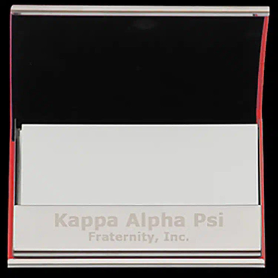 G457-2-KAPPA ALPHA PSI LASER ENGRAVED BUSINESS CARD HOLDER STAINLESS STEEL WITH RED LEATHER 450