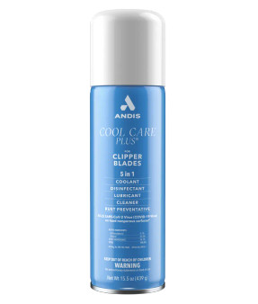 Andis Cool Care Plus 5-in-1 Clipper Blade Spray (15.5 oz). Front view showing the 5 key functions: Coolant, Disinfectant, Lubricant, Cleaner, Rust Preventative