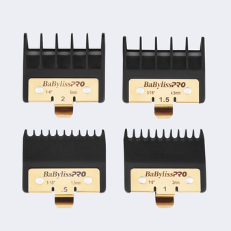 BaBylissPRO Premium Trimmer Guards (FXPTG) 4-piece set showing sizes .5 (1.5mm), 1 (3mm), 1.5 (4.5mm), and 2 (6mm). Durable fiberglass-reinforced black combs with gold metal clips. Essential attachment combs for BaBylissPRO FX787, FX797, and FX726 trimmers.