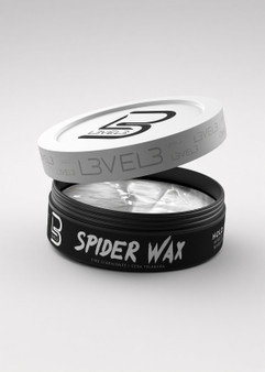 L3VEL3 Spider Wax 150ml fiber texture jar, open, gray lid, black tub