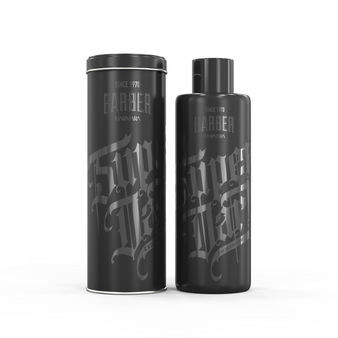 BARBER Marmara AfterShave Cologne Dark Edition (500 ML) bottle and matching blade disposal container (tin can). Highlights the sleek black and silver gothic design.