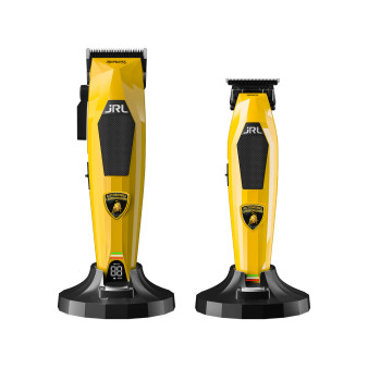 The JRL x Lamborghini Diamante clipper and trimmer set in iconic yellow. Limited edition professional barber tools shown on charging stands