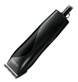 Angled view of the Andis MBG-2 Detachable Blade Clipper (black, corded), showcasing its ergonomic design and the CeramicEdge® 000 blade.
