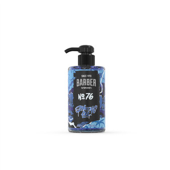Marmara Barber Shaving Gel No. 76 (500ML) in a pump bottle. Blue transparent gel formula designed for precision shaving and sensitive skin.