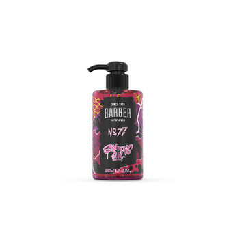 Marmara Barber Shaving Gel No. 77 (500ml) pump bottle. Features a distinctive red and black graphic label. Transparent gel formula for precision shaving and sensitive skin.