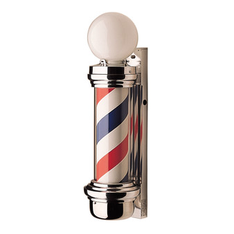 Studio product shot of the William Marvy No. 55 Two Light Barber Pole, featuring the classic red, white, and blue rotating stripes encased in a glass cylinder. This model includes polished stainless steel housing and a white opal globe light on top for added visibility.