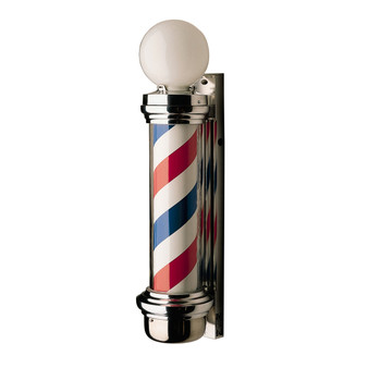 Studio product shot of the William Marvy No. 77 Two Light Barber Pole, distinguished by its taller 39-inch profile and white opal globe light on top. The pole features a 20-inch glass cylinder with classic rotating red, white, and blue stripes, encased in polished stainless steel housing.