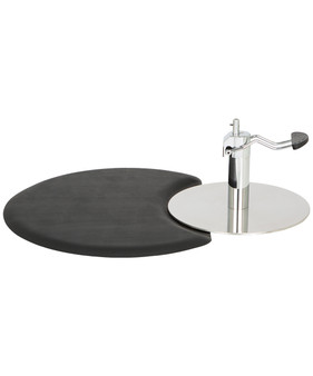 The Comfort Plus Compact Circular Mat shown with a chrome chair base, illustrating the perfect fit of the chair depression for stability in small salon spaces.