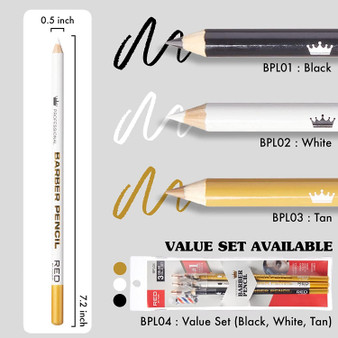 Color comparison chart for RED by KISS Barber Pencils showing the three available shades—Black (BPL01), White (BPL02), and Tan (BPL03)—along with swatch examples to help barbers select the right tone for lining and definition.