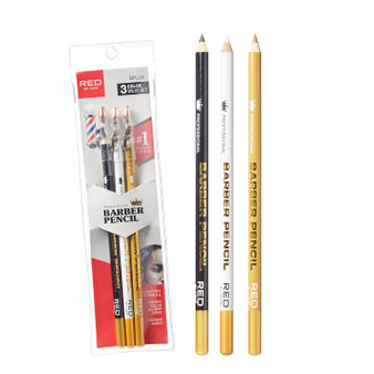 Packaging for the RED by KISS Barber Pencil Value Set containing three pencils (Black, White, and Tan) with built-in sharpeners, displayed next to a swatch chart showing the application of each color.