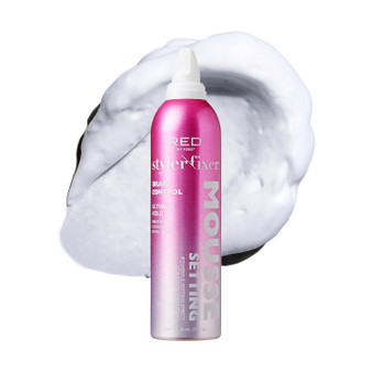 RED by KISS Styler Fixer Braid Control Mousse bottle (12 oz) displayed with a foam texture swatch, highlighting the ultimate hold formula enriched with coconut oil, biotin, and tea tree.