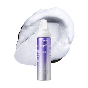 RED by KISS Styler Fixer Extra Hydrating Mousse bottle (12 oz) in purple packaging, displayed with a rich white foam texture swatch to demonstrate its non-sticky, ultimate hold formula.