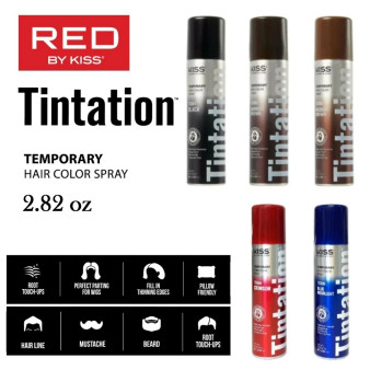 Informational banner for Red by Kiss Tintation Temporary Hair Color Spray (2.82 oz), displaying the Black, Darkest Brown, and Medium Brown cans alongside icons highlighting key benefits: Root Touch-Ups, Pillow Friendly, and Water Resistant.