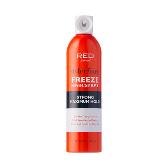 Front view of the RED by KISS Styler Fixer Freeze Hair Spray (11 oz) in its signature red bottle, featuring the "Strong Maximum Hold" label and highlighting its 2-in-1 formula for lace glue and hair styling.