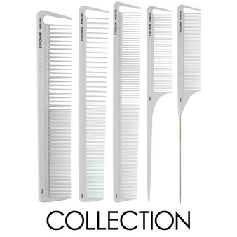 Fromm Style Artistry Proglide Basin Combs full white collection – F3021 to F3025 silicone/ceramic-infused models for smooth barber cutting and styling at Weiss Barber Supply.