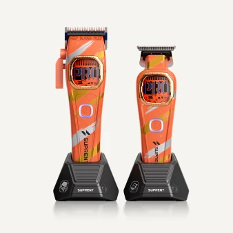 SUPRENT Sandstorm HC586OX orange clipper and trimmer on black charging docks