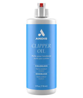 Front view of the Andis Clipper Oil (4 fl oz) bottle, clearly displaying "COLORLESS" and "ODORLESS" features on the blue label.