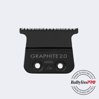 Close-up of BaBylissPRO FX707B2 Graphite 2.0 Blade. Features Deep Tooth T-Blade design (2.0mm) with black graphite coating for cool cutting on SkeletonFX trimmers.