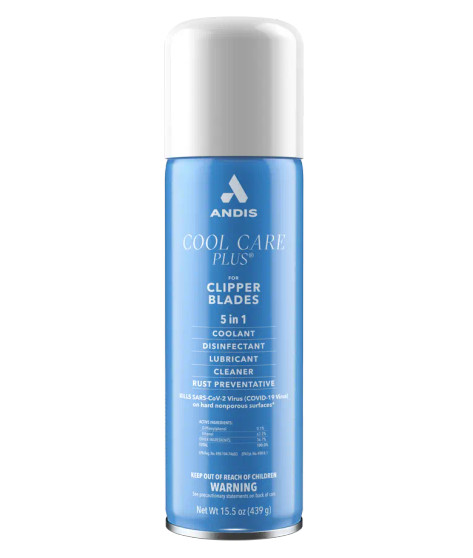 Andis Cool Care Plus 5-in-1 Clipper Blade Spray (15.5 oz). Front view showing the 5 key functions: Coolant, Disinfectant, Lubricant, Cleaner, Rust Preventative