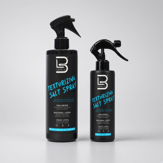 L3VEL3 texturizing salt spray, 500ml and 250ml, on a light gray background