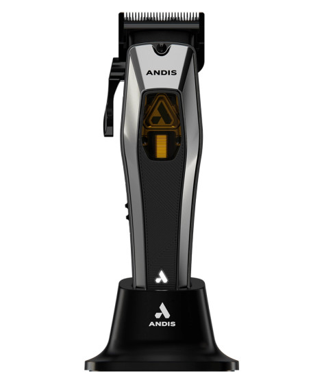Andis Recon™ Cordless Clipper in the quick-release charging stand. Black and chrome housing on charger base, highlighting the 4-hour battery system.