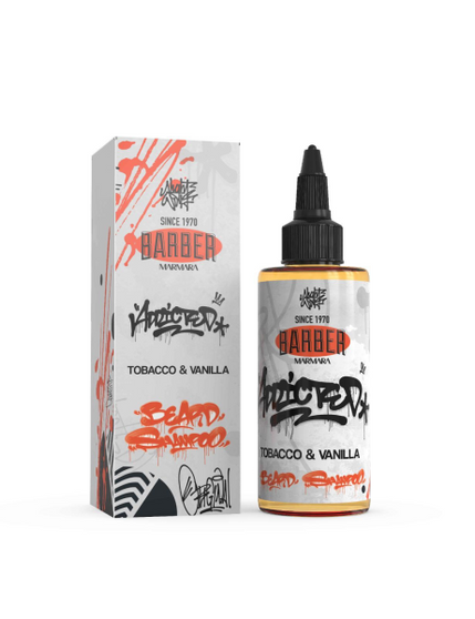 BARBER Marmara "Addicted" Beard Shampoo (100 ML) bottle and retail box. Highlights the Tobacco & Vanilla premium fragrance and the graphic design.