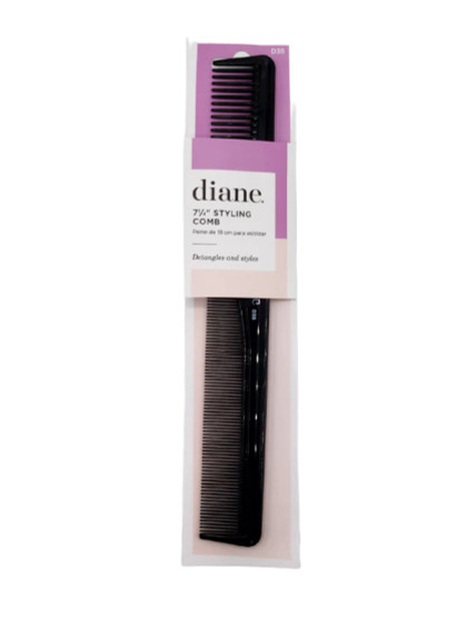 Retail packaging for the Diane 7-1/4" Styling Comb (D38). Highlights the purpose: Detangling and styling fine and normal hair.