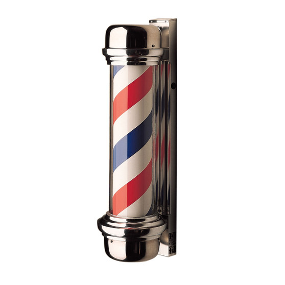 Studio product shot of the William Marvy No. 77 Barber Pole (One Light), featuring a taller 32-inch profile with a 20-inch glass cylinder displaying classic rotating red, white, and blue stripes. The pole includes polished stainless steel housing and a heavy-duty wall-mount bracket approved for outdoor use.