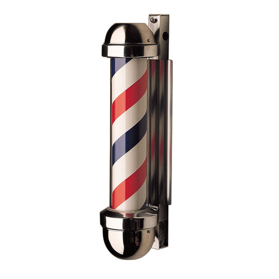 Studio product shot of the William Marvy No. 333 Non-Revolving Barber Pole, featuring a stationary cylinder with classic red, white, and blue stripes. The unit includes polished stainless steel top and bottom domes, a faceted reflective back for visibility, and a wall-mount bracket.