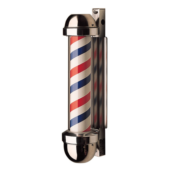 Studio product shot of the compact William Marvy No. 405 Barber Pole (One Light), featuring revolving red, white, and blue stripes within a glass cylinder. The unit has polished metal top and bottom housing and includes a wall-mount bracket designed for an 8-inch projection.