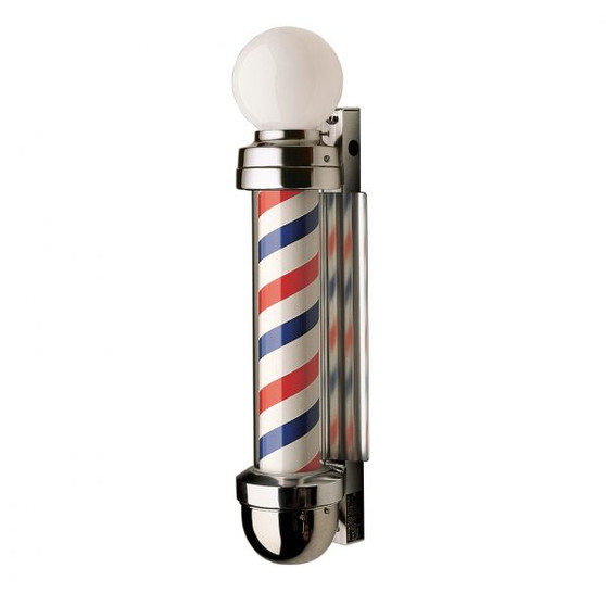 Studio product shot of the William Marvy No. 405 Two Light Barber Pole, featuring a compact design topped with an illuminated white globe. The unit displays classic rotating red, white, and blue stripes encased in polished metal housing, specifically designed for tight spaces with an 8-inch wall projection.