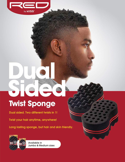 Lifestyle infographic demonstrating the "Dual Sided" feature of the RED Twist Sponge on a model with a fade cut, highlighting its skin-friendly material and ability to create two different twist styles in one tool.