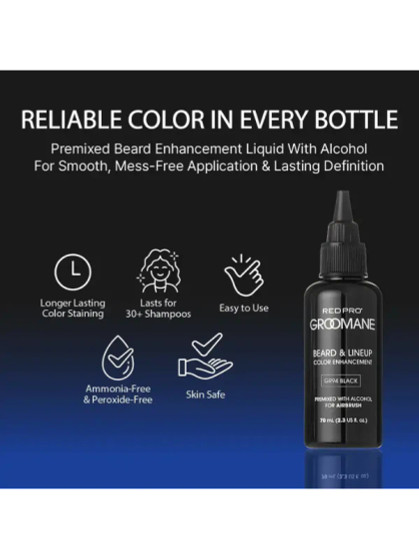 Infographic highlighting the benefits of RED Pro GROOMANE: longer-lasting color staining (30+ shampoos), ammonia and peroxide-free formula, and mess-free application for reliable definition.