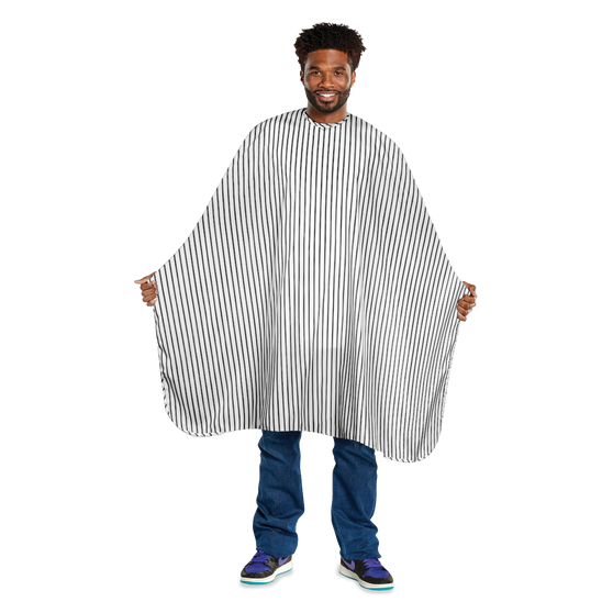 Scalpmaster Barber Tailor Striped Cutting Cape – black and white striped design for barbers at Weiss Barber Supply