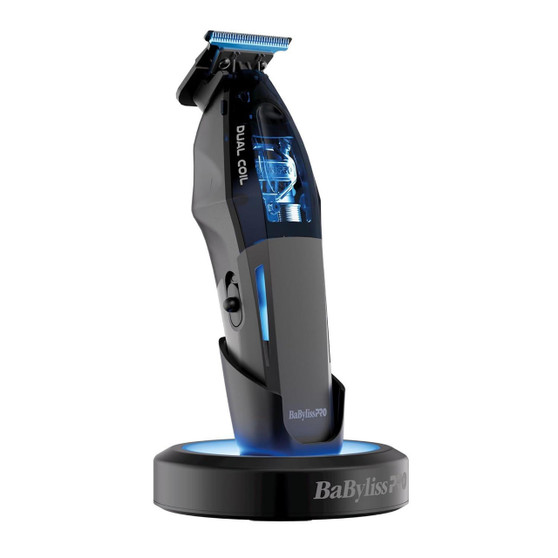 Alt text: BaBylissPRO Dual-Coil Motor Trimmer FX95T with Halo charging stand – 8,500 RPM professional barber trimmer