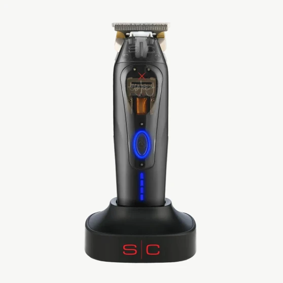 StyleCraft SC423B x 360 Jeezy Professional Trimmer with IN3 Vector Motor, gold X-Pro Wide blade, and blue LED power button on charging base