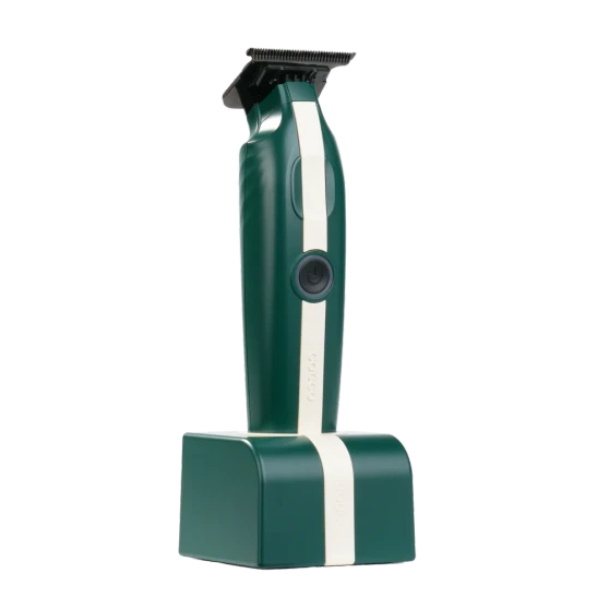 Cocco Veloce Lite Trimmer Green/White Stripe standing in matching charging base