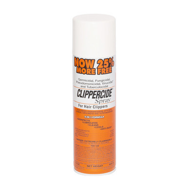 Aerosol can of Clippercide 5-in-1 Disinfectant Spray for hair clippers, featuring "Now 25% More Free" packaging and listing the five functions: disinfects, lubricates, cleans, cools, and prevents rust.