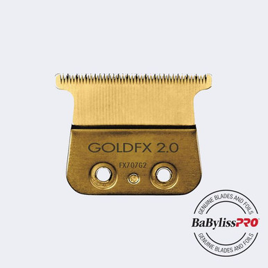 Close-up of the BaBylissPRO GoldFX 2.0 Deep-Tooth T-Blade (FX707G2). Shows the Gold Titanium coating and deep teeth for cutting thick hair.