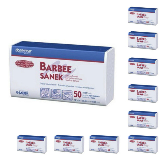 Full case of BARBEE® SANEK® Deluxe 3-Ply Towels, showing multiple individual packages (50 towels each). Highlights the 12"x24" size, 3-Ply thickness, and Super Absorbent quality for bulk professional use.