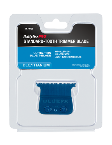 Retail packaging front view of the BaBylissPRO Standard-Tooth Trimmer Blade (FX707BL), highlighting the ultra-thin Blue DLC/Titanium construction, hypoallergenic properties, and compatibility with FX787, FX729, and FX726 models.