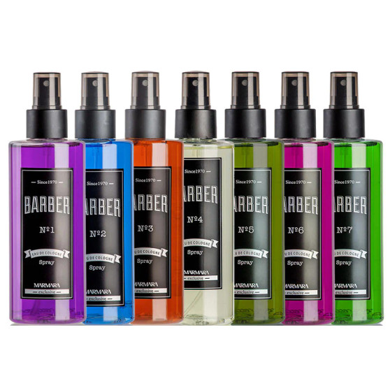 Complete collection of Marmara Barber Cologne Sprays (No.1 through No.7) in large 400ml PET bottles, displaying the full spectrum of colored liquids and spray nozzles for professional use.