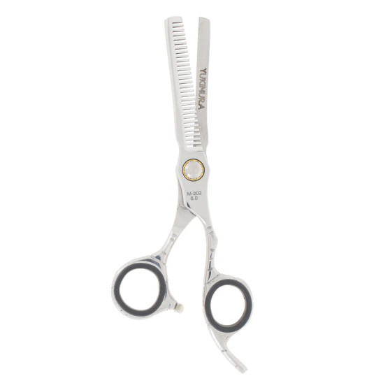 MISAKI Yukimura Thinning Shear open for cutting, showing the model number (M-202 6.0) and the 29-tooth V Cut blending blade.