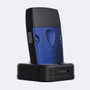 Rear view of the BaBylissPRO® LO-PROFX Compact Foil Shaver docked in its black charging stand, highlighting the blue metal housing and ergonomic grip.