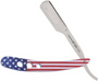 Moreville SR-360 Shavette fully opened, featuring the bold USA Flag design on the handle and the sleek stainless steel blade arm with "Moreville SR-360" engraving.