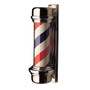 Studio product shot of the classic William Marvy No. 55 Barber Pole (One Light), featuring the iconic red, white, and blue rotating stripes encased in a glass cylinder with polished stainless steel top and bottom domes and a wall-mount bracket.